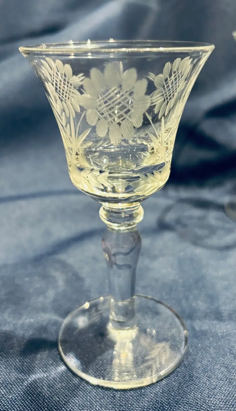 Vintage MCM Lot Six Blefeld Wheat Hand Etched Crystal Floral Cordial Stemware 4.5”
