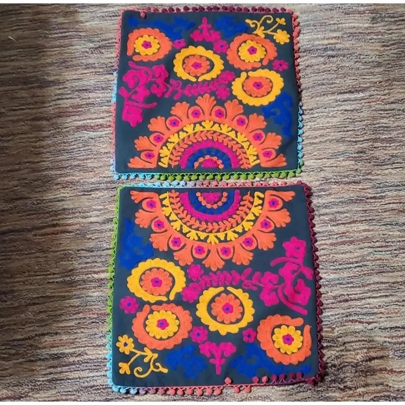Boho Embroidered Accent Pillowcase Set 16 x 16 inches