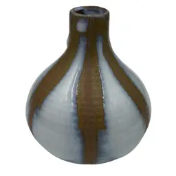 Vintage Small Studio Pottery Vase, Bottle Neck, White-Blue Glaze/Gold, Clay 3.3"