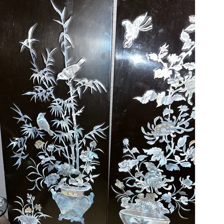 Two Gorgeous Black Lacquer Bird Themed Wall Art