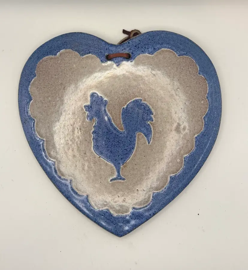 Heart Shaped Pottery Trivet W/Rooster Design 8” X 7”