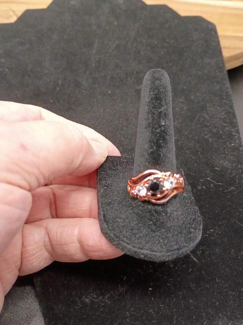 Rose Gold Plate on Sterling Natural Cut Black Onyx Center Stone and 2 clear Cubic Zirconia Accents Ladies Cocktail Fashion Ring Size9