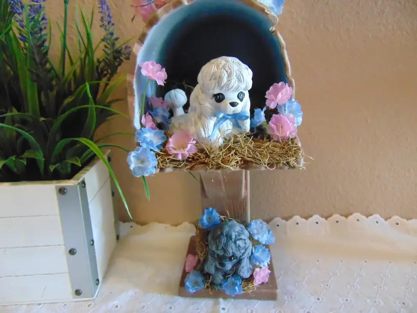 Darling Unique Vintage 1970's hobbyist piece black and white poodles with flowers in ceramic mail box.