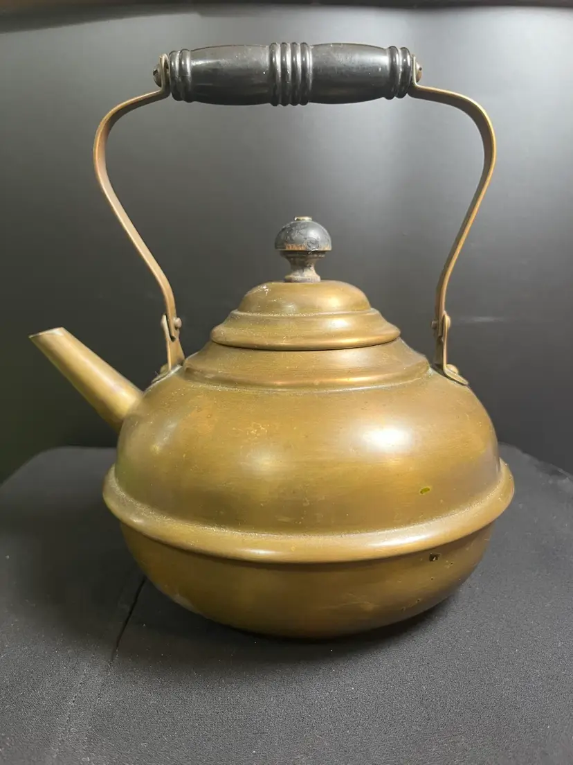 Brass or Copper Metal Tea Pot w/ Wooden Handle & Lid Knob-Lot 59