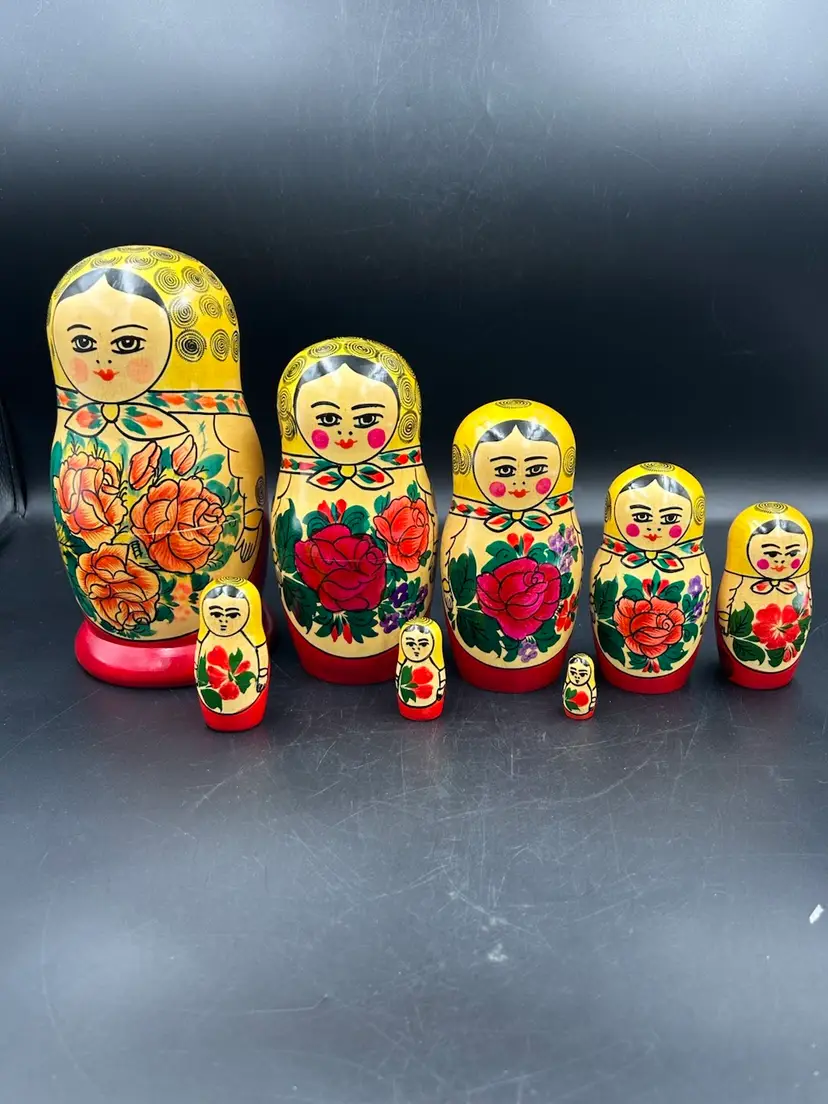 Vintage Russian 8pc Matryoshka Primitive, Red Floral, Wood Nesting Doll