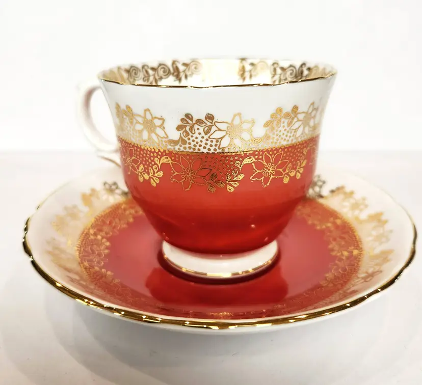 Crown Staffordshire Coral and Gold Flowers Tea Cup and Saucer Fine Bone China Vintage