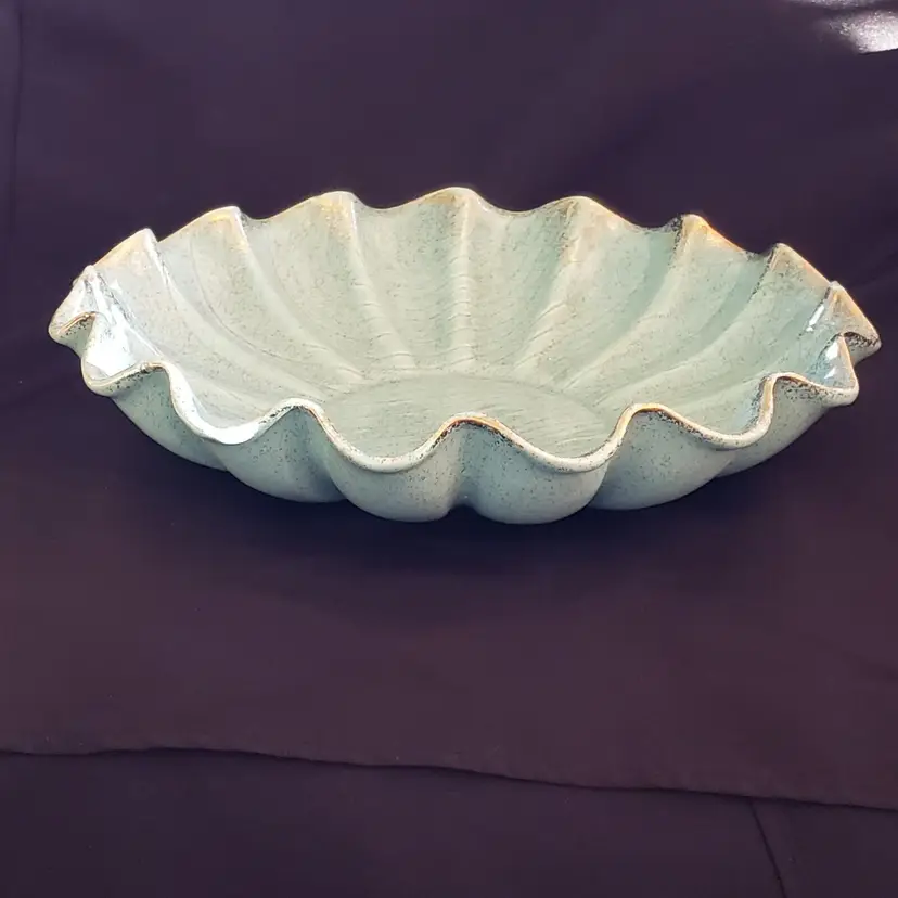 Shell Bowl Ruffled USA POTTERY - 13" diameter approximately Turquoise & Gold Vintage
