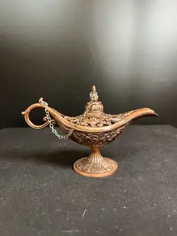 Small Copper Alladin Genie Lamp-Cut Filligree Pattern on Top. Lot 50