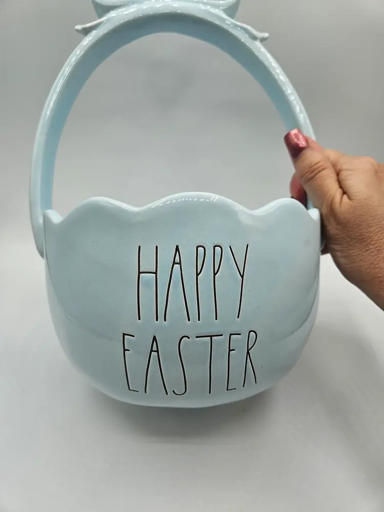 Blue Ceramic Rae Dunn HAPPY EASTER Basket 11" x 7.75"