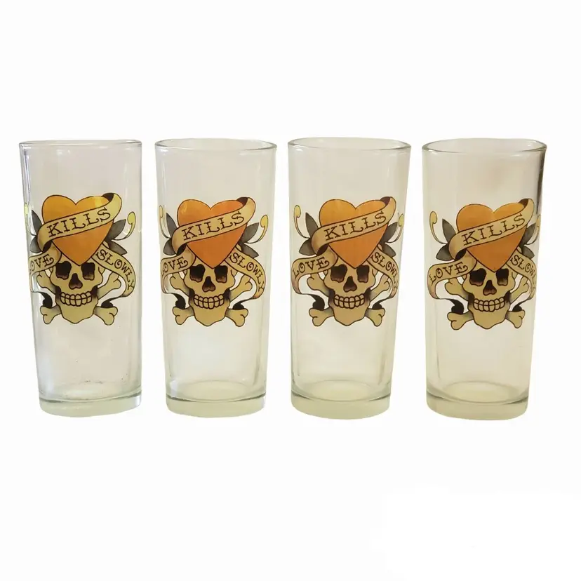 Don Ed Hardy Pint Beer Glass LOVE KILLS SLOWLY Skull 6 1/4" Drinkware set of 4