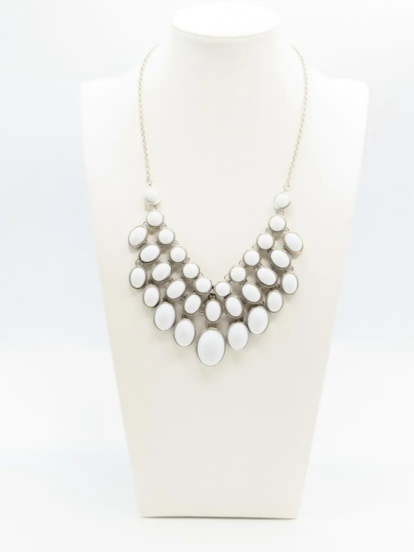 White Cabochon Bib Necklace Silver Tone
