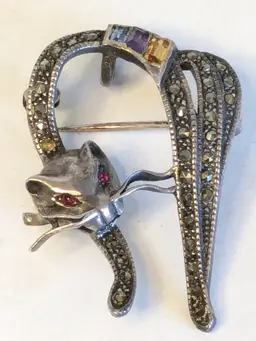 Vintage Sterling Scaredy Cat Brooch Pendant Marcasite and Rhinestones