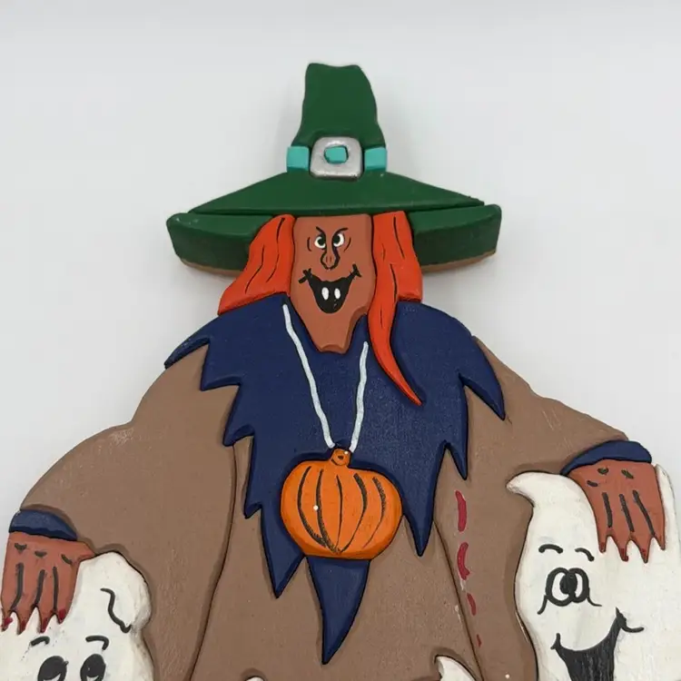 Hand-Painted Carved Wood Witch with Two Ghosts