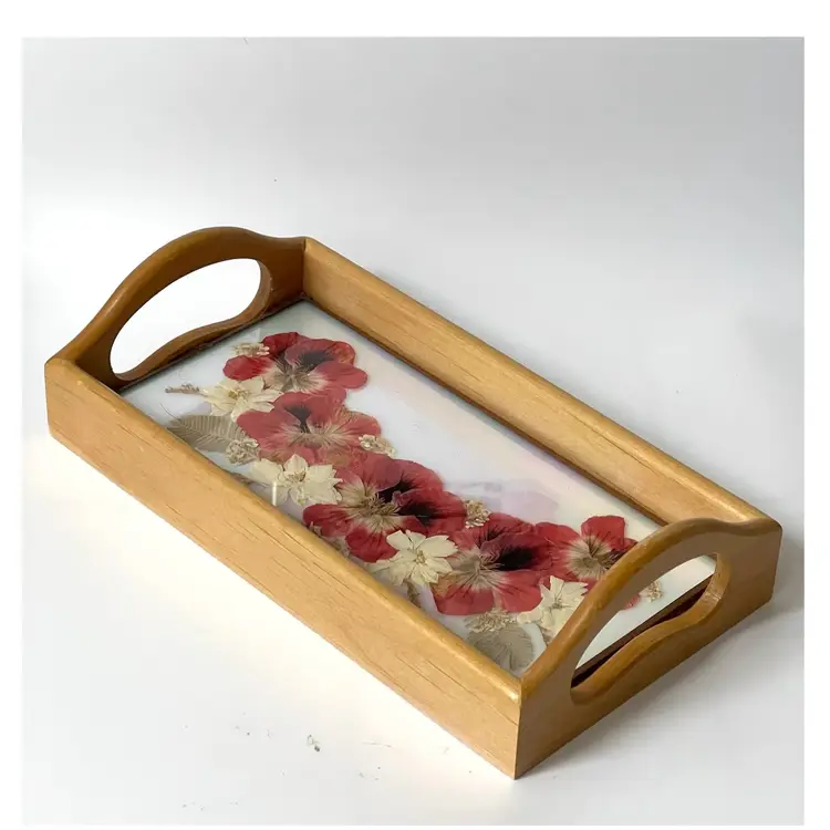 Handmade Rectangle Wooden Tray With Handles Pressed Flowers Pink Pansies 9.2x5x2.2 in