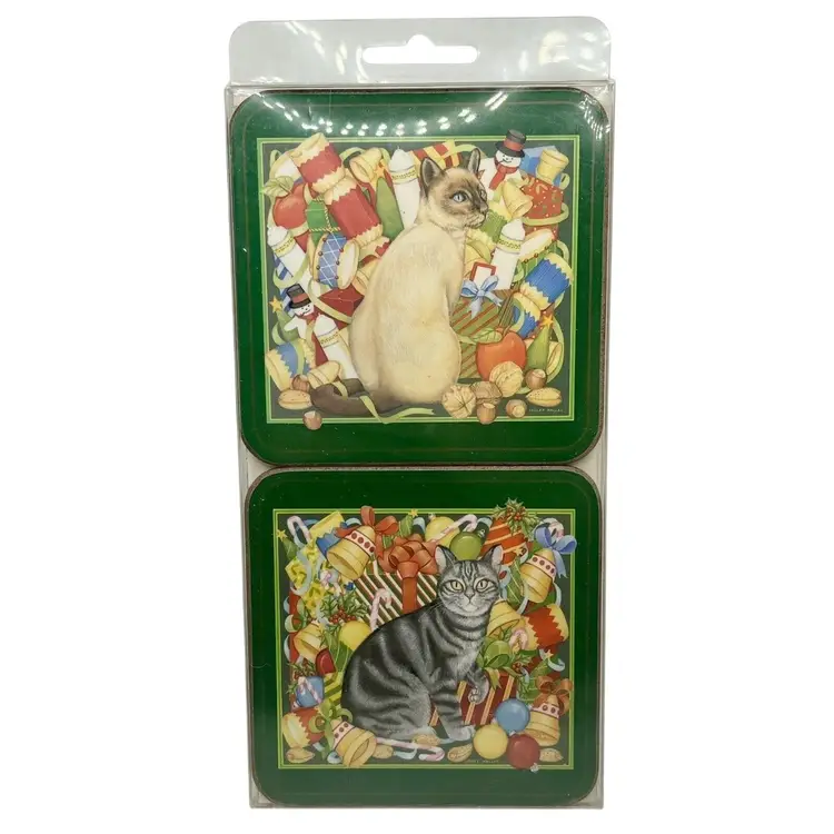 Pimpernel Christmas Cats Boxed Coasters Set of 2 Cork Back Holiday 4" x 4"