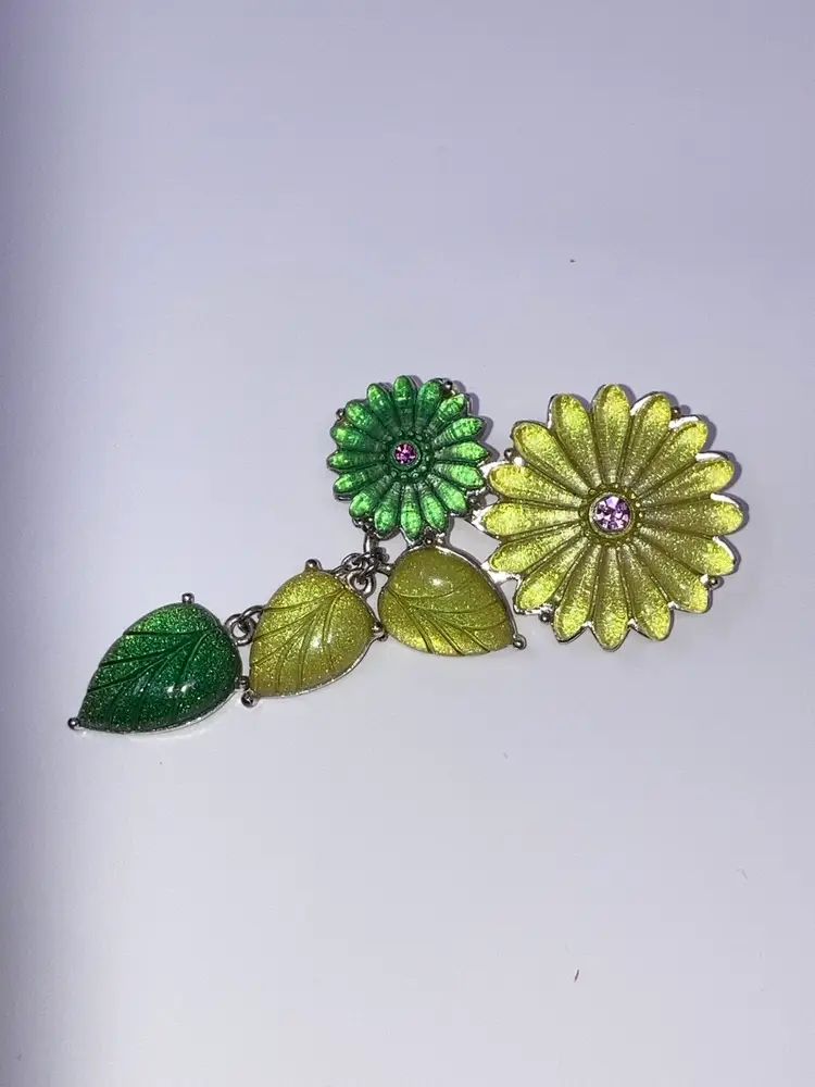 Vintage Floral Brooch With Dangling Leaf 3”x1”