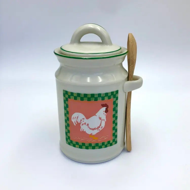 Sugar Bowl Jam Pot Chicken Bamboo Spoon By Crowning Touch Japan Pottery
