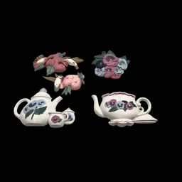 5pc VINTAGE WALL DECOR
WALL POCKET
TEAPOT HUMMINGBIRD PANSIES
By Burwood USA 1995