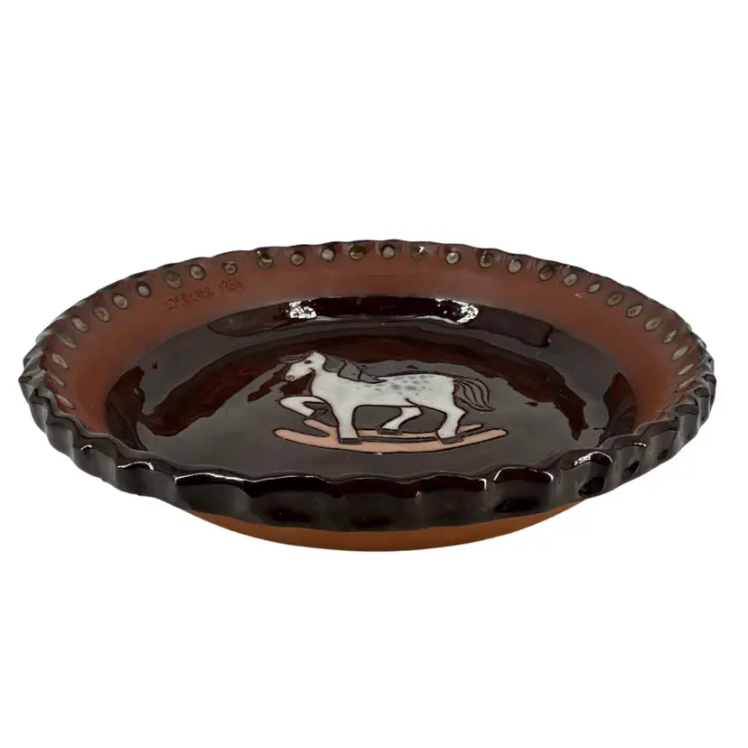 Vintage Loercher Studio Pottery Redware Rocking Horse Pie Plate