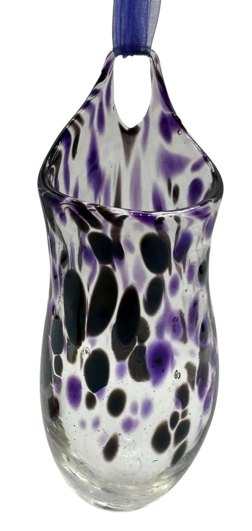 Signed Hand Blown Studio Art Glass Wall Hanging Vase Purple Confetti 6.25β