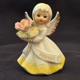 August Birthday Girl Angel Yellow & White Japan Pink Flowers 3⅞” Norcrest Vintage