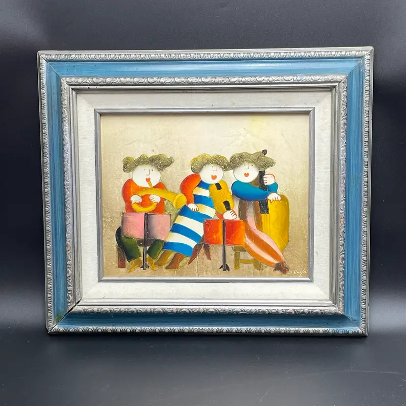 J. Roybal Whimsical Original Framed Oil on Canvas Painting Musicians Orchestra