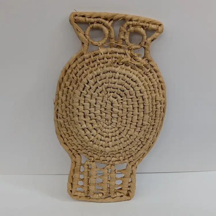 Vintage Large 12" Woven Owl Basket Wall Hanging Rattan Wicker Boho 1970s Natural