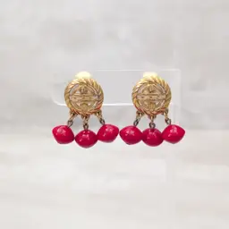 Vintage Clip On Earrings Stylish Gold Tone with Red Dangles Statement