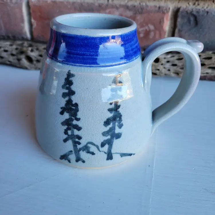 Pacific Northwest Style Mountain Pine Trees Pottery Coffee Mug Crackle & Glazed