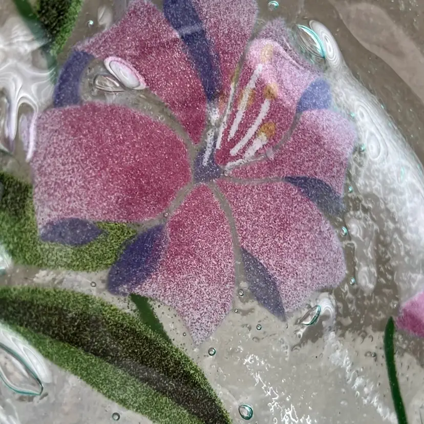 Vintage Signed Bill Sydenstricker Fused Art Glass Plate Pink Purple Flowers