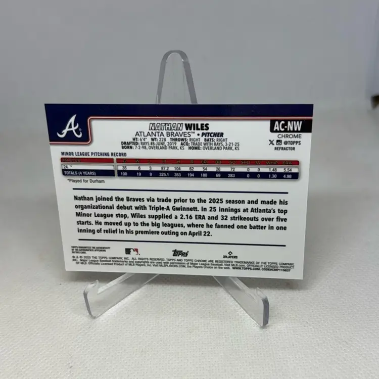 2025 TOPPS CHROME UPDATE BASEBALL AUTO REFRACTOR 106/499 RC NATHAN WILES