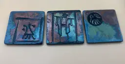 Braemar Pottery Raku Irredesint Asian Art Tiles Set of 3 Signed by Artist 3x3