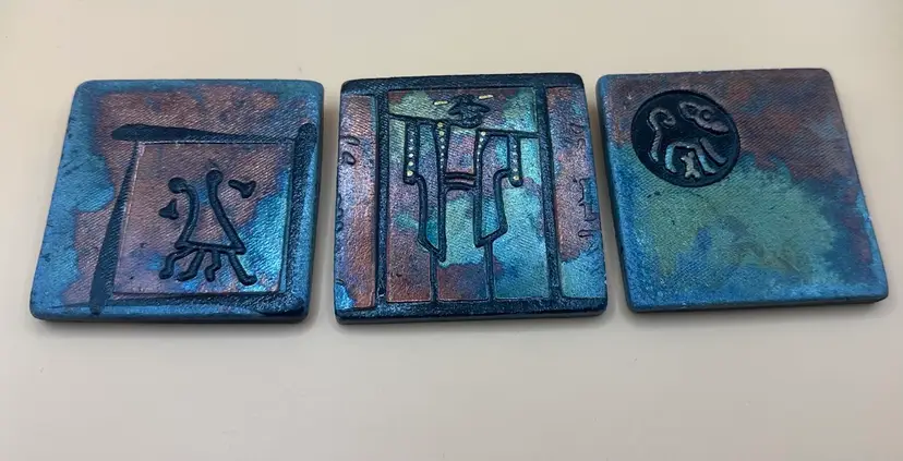 Braemar Pottery Raku Irredesint Asian Art Tiles Set of 3 Signed by Artist 3x3