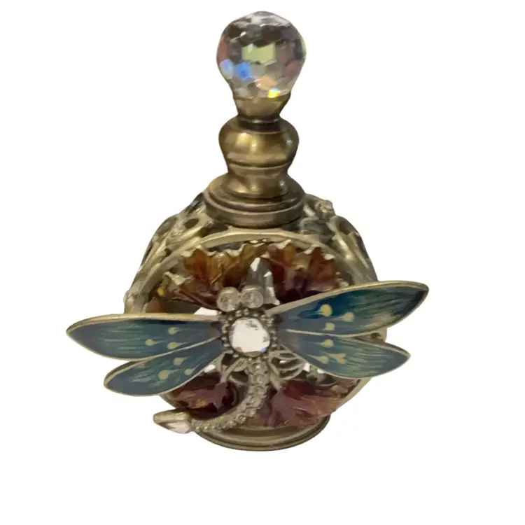 Ornate 3D Enamel Metal Glass Dragonfly Perfume Bottle 5”