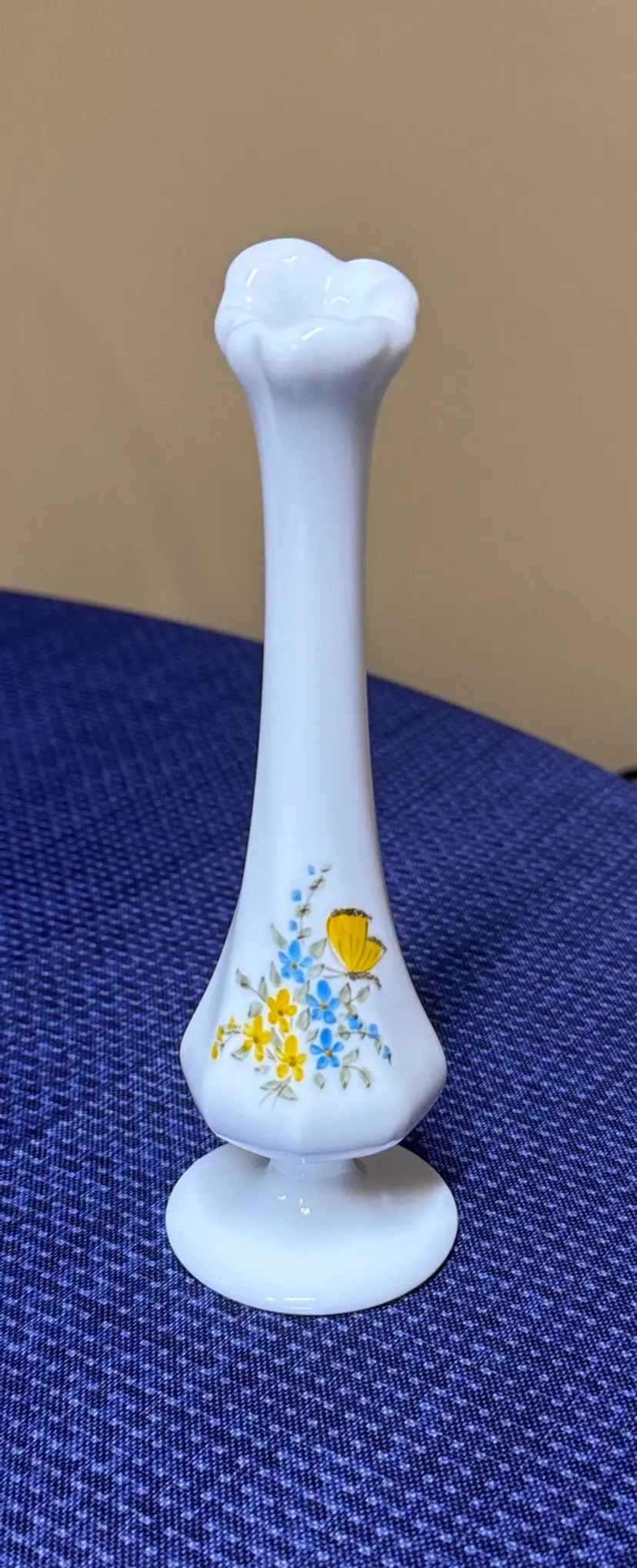Fenton Milk Glass Hand Painted Bud Vase Fowers and Butterfly 7.5 signed