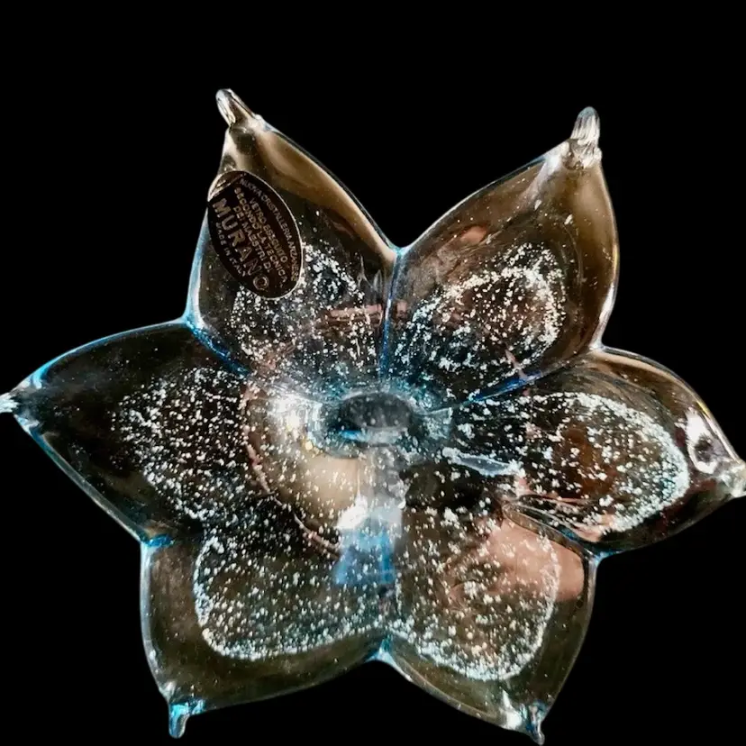 Italian Hand Blown Glass Flower Blue White Silver