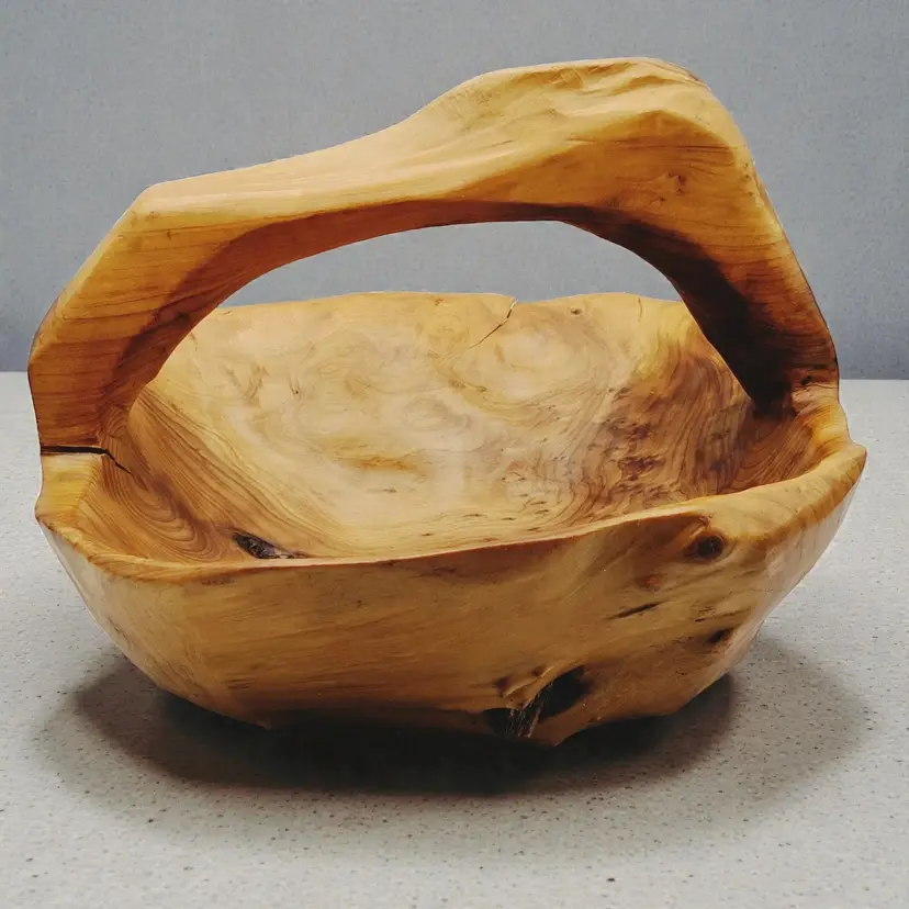 Hand Carved Chinese Fir Tree Burl Root Wood Basket Stamped CON Rustic