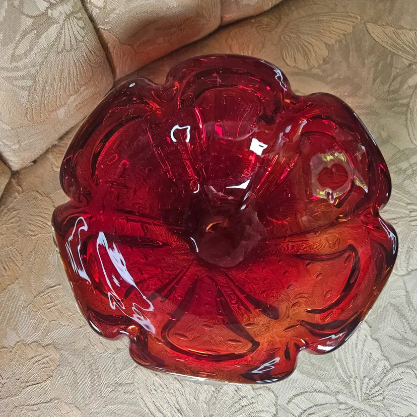 Vintage 1950's Murano Red Glass Art Ruffled Dish