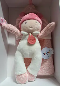 Jolijou Baby Doll Light Pink w/bottle attatched, Plush Hat & Swaddling Blanket