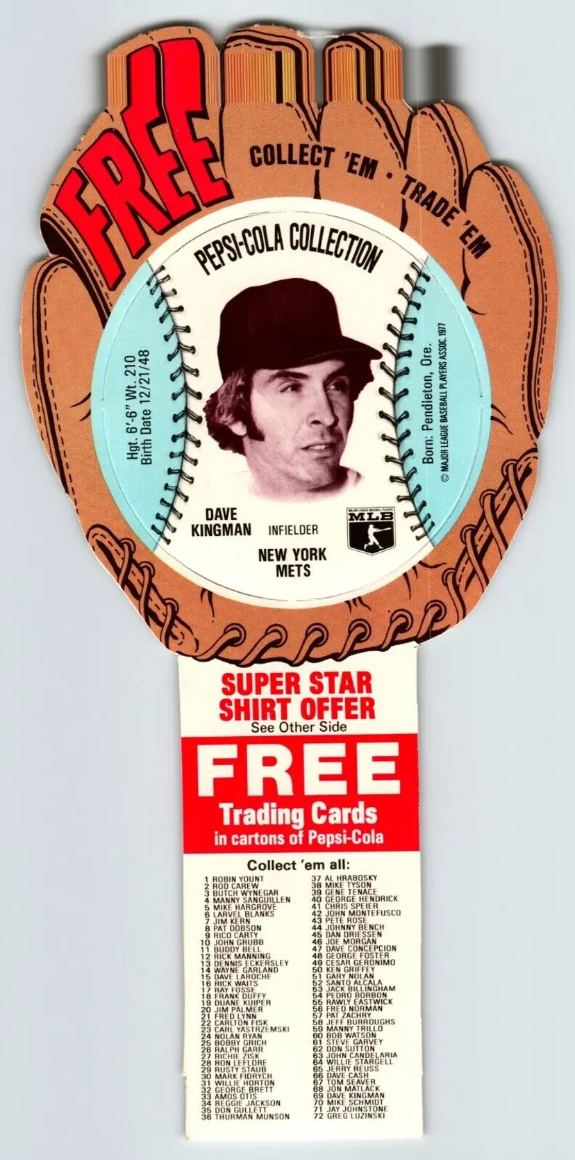 Pepsi-Cola Baseball Trading Card 1977 Dave Kingman New York Mets MLB Trade