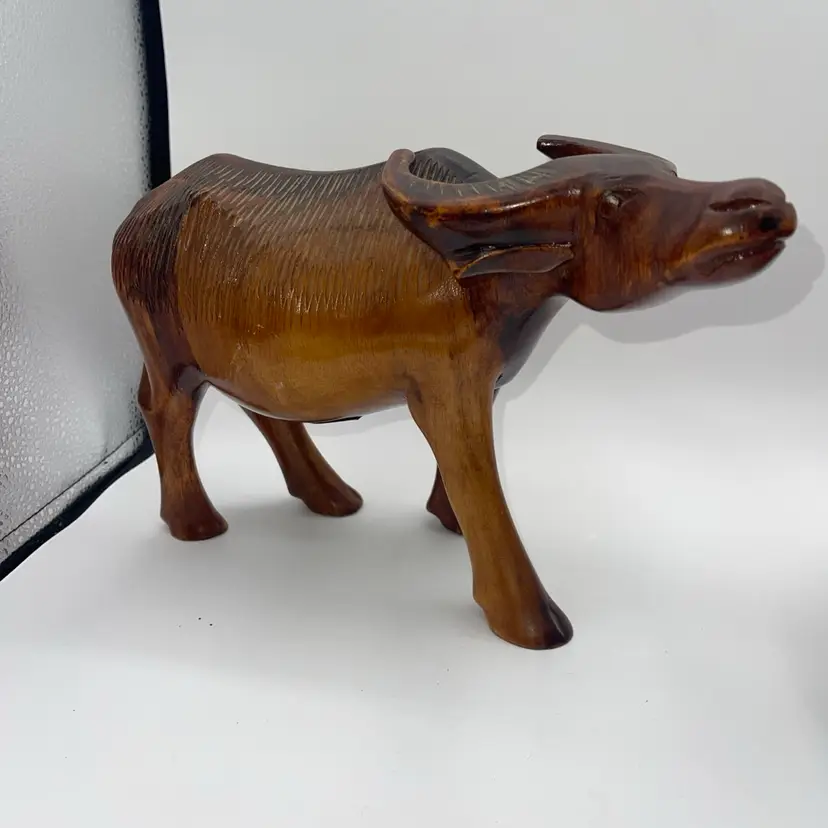 Vintage Hand-Carved Wooden Water Buffalo Ox Sculpture Folk Art Teak Monkeypod