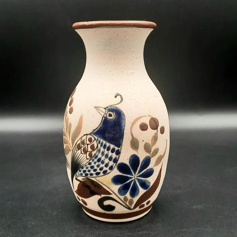Handpainted Tonala Mexican Pottery Bird Vase Signeds
