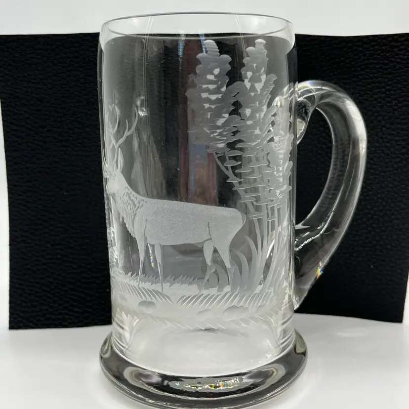 Crystal Hand Blown ~ Etched Buck & Forest Scene Beer mug EUC
