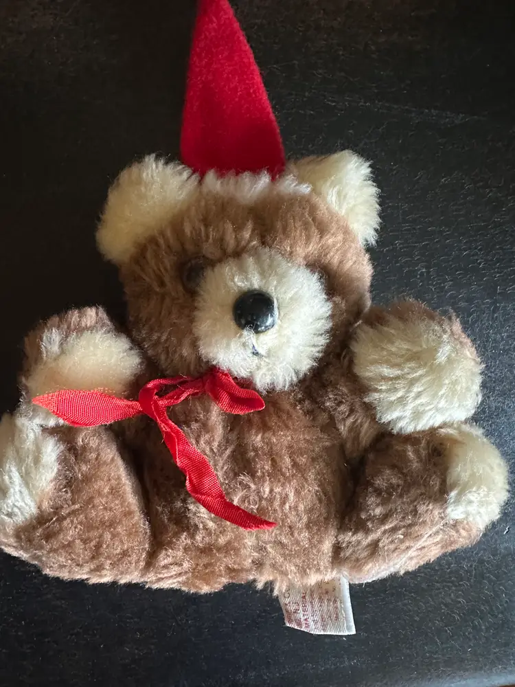 Vintage Russ Teddy Bear 1974 Small Party Hat Red Ribbon Plush Collectible
