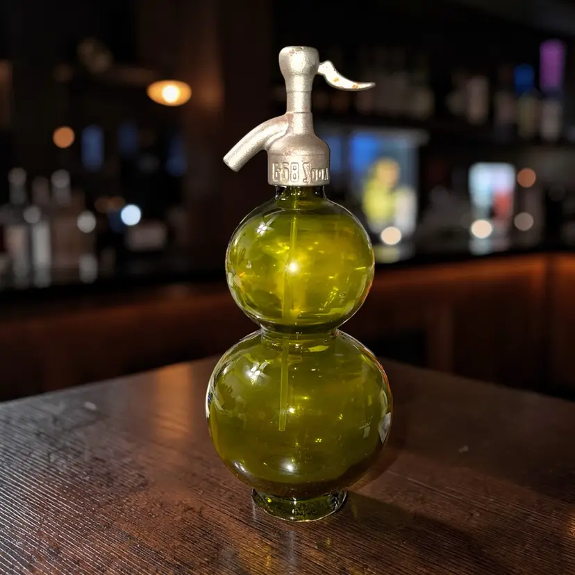 Vintage Hand Blown Green Glass Soda Siphon Bottle MCM Style DECORATIVE ONLY Barware
