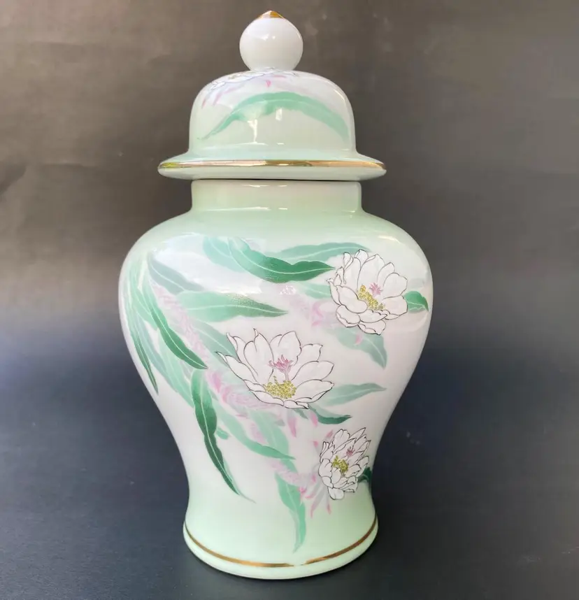 VTG Japanese Aqua & White Lotus Porcelain Lidded Ginger Jar w/Gold Trim