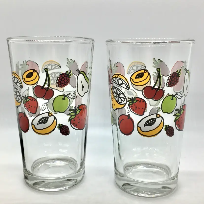 Vintage Set of 2 Retro Fruit Water Iced Tea Tumblers Drinking Glasses Barware