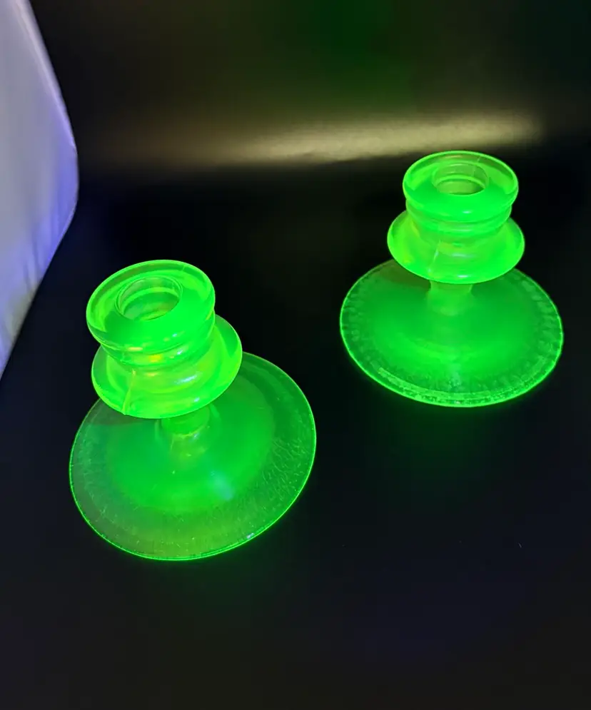 Vintage Vaseline Uranium Glass Candlestick Holders With Candles 4” Tall X 4.25” Wide