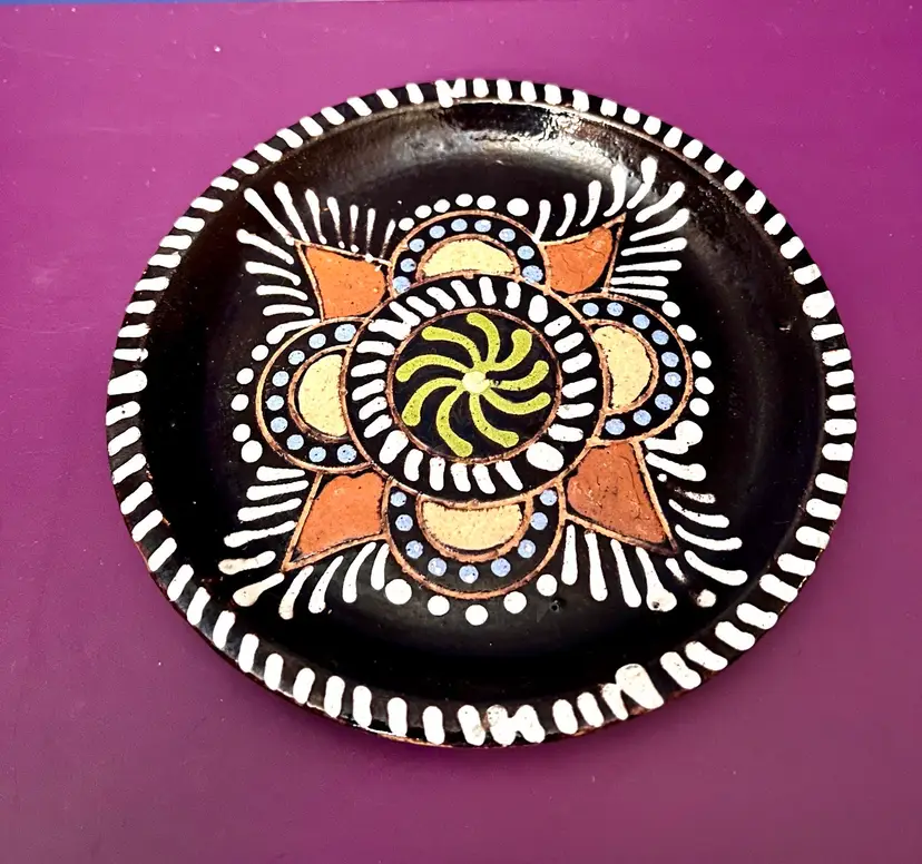 Mandala Art Hand Painted Colorful Clay Plate 6 1/2” Folk Art
