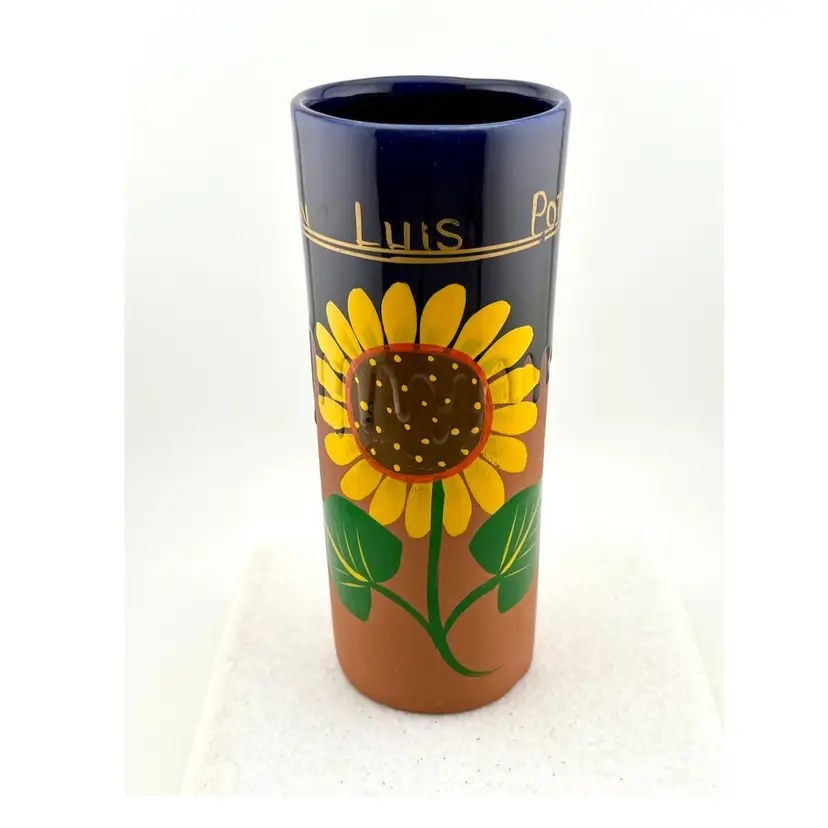 Vintage San Luis Potosi Sunflower Design Vase Bisque And Glaze Finish 7” Tall x 2.75” Wide